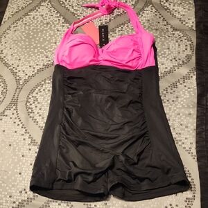 Halter One-Piece Swim short style in Hot Pink and Black by Tempt Me.